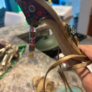 Vicini Tan and Gold Embellished Heels